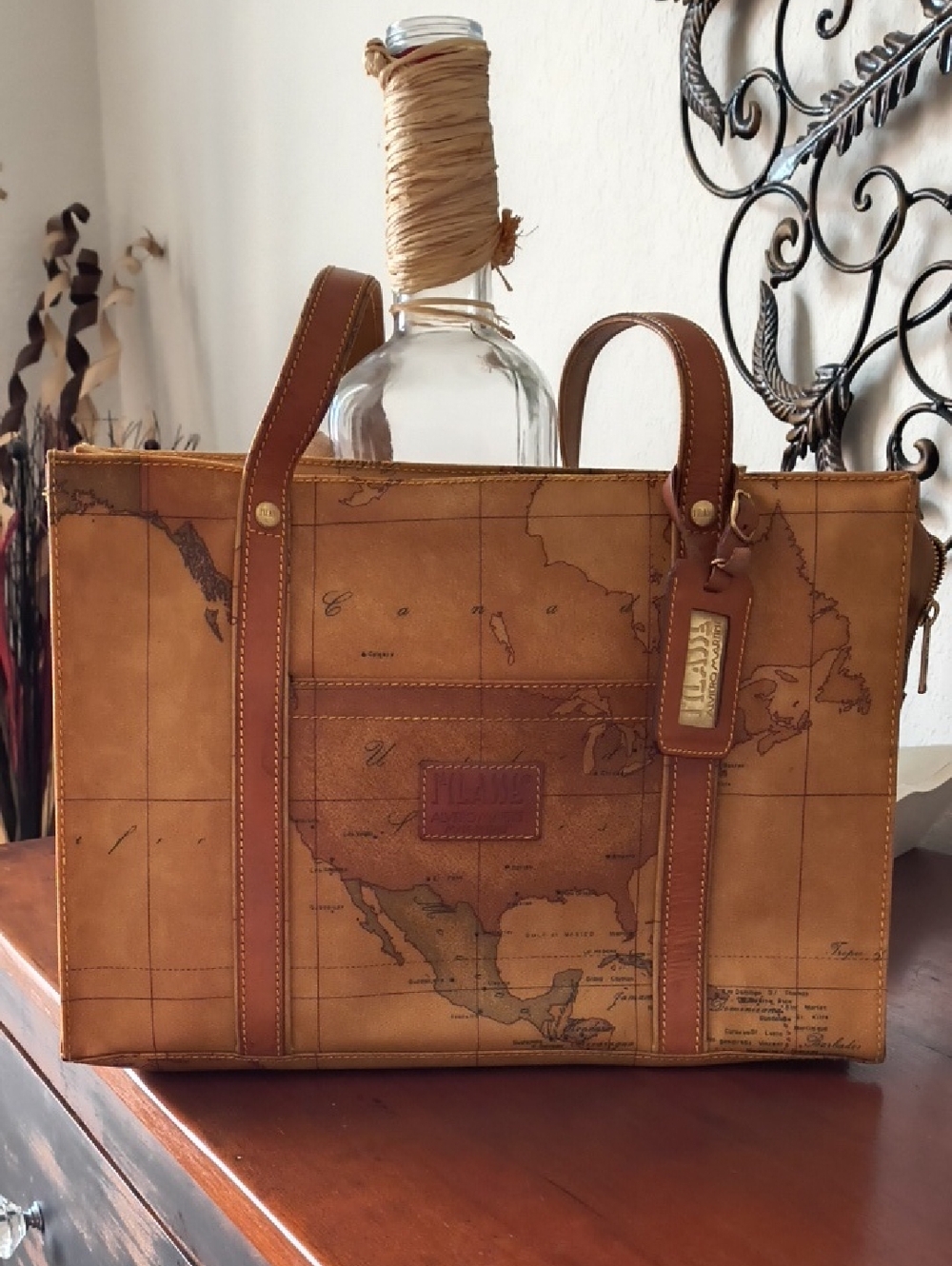 Alviero Martini Map-Print Leather Shoulder Tote in Tan and Brown